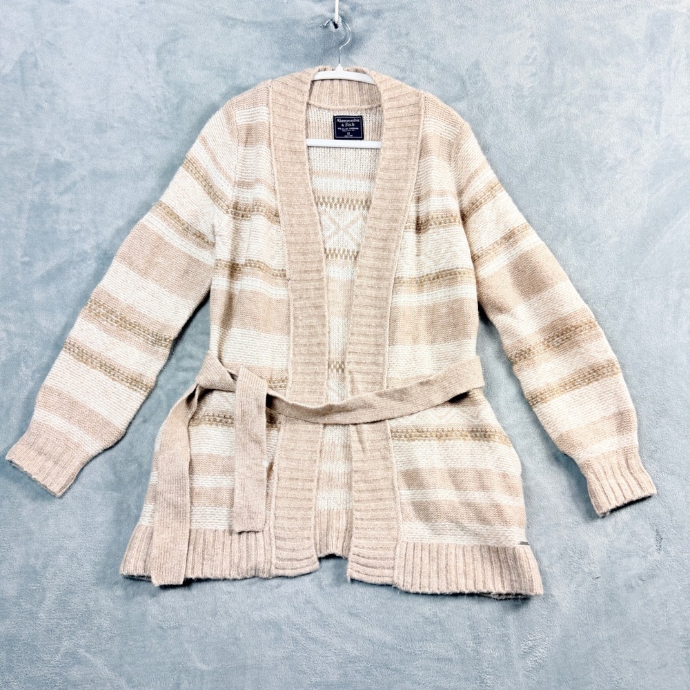 Abercrombie & Fitch Women XS Tan Striped Cardigan Aztec Belted Boho Sweater